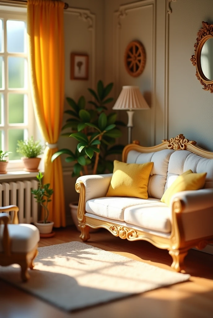 insanely detailed dollhouse, cozy bedroom, cute 3d render, attractive lights and shadows, white and yellow cushions, architecture, furniture, indoors, building, living room, room, rug, plants, home decoration, sofa, chair, interior design