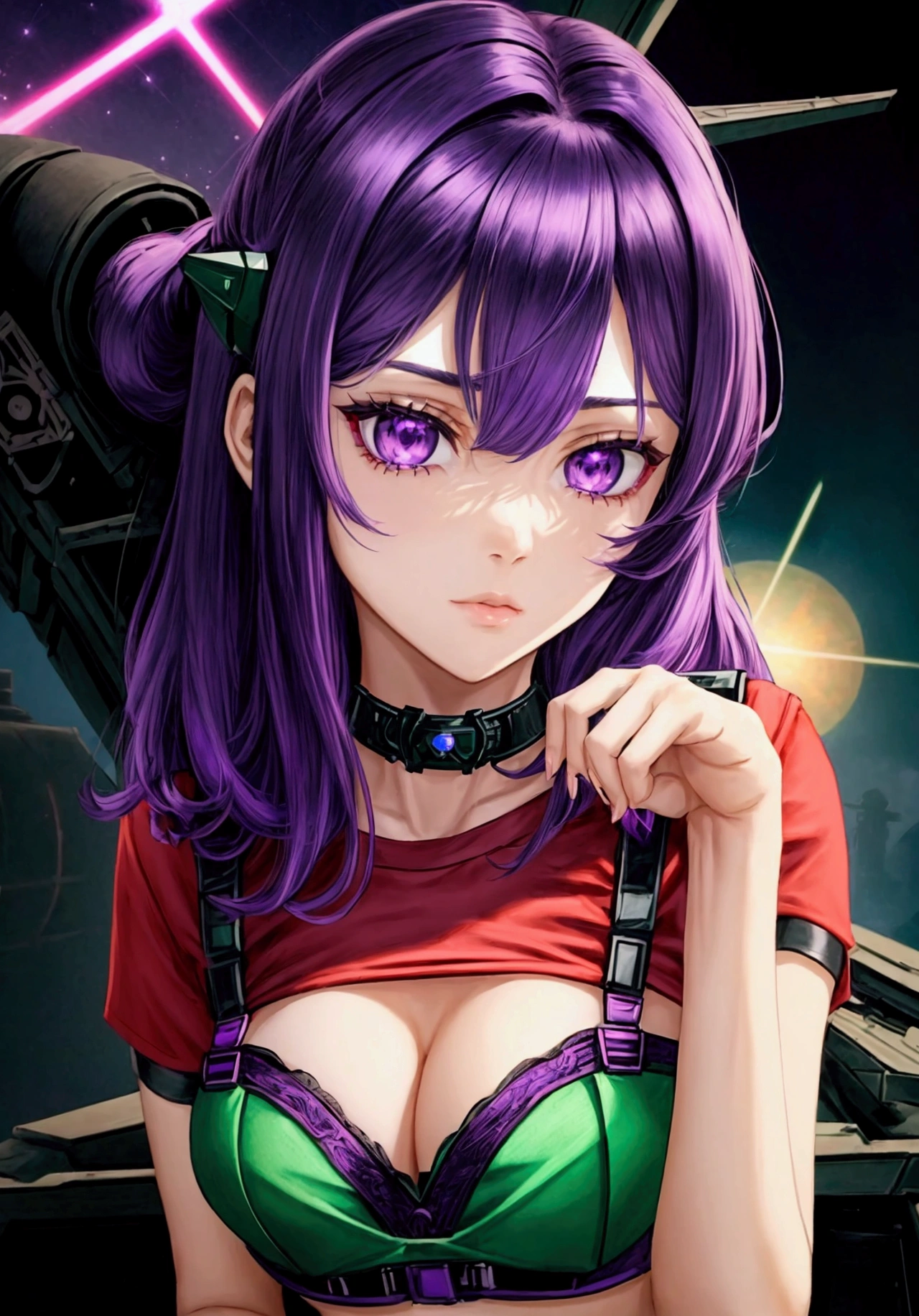 (a beautiful and cool girl),(medium hair), (straight hair), (purple hair), (red shirt), (black bustier), (dark green shoulder reinforcement), (ace pilot), (purple eyes),(science fiction)