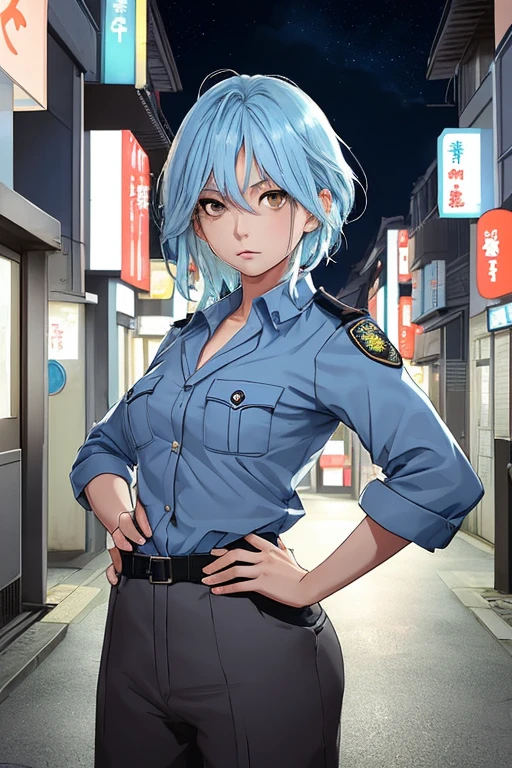 Woman, light blue hair, brown eyes, staring, touching hair, hands on hips, Japanese police officer, slightly open chest, in front of police box, night sky, street lights