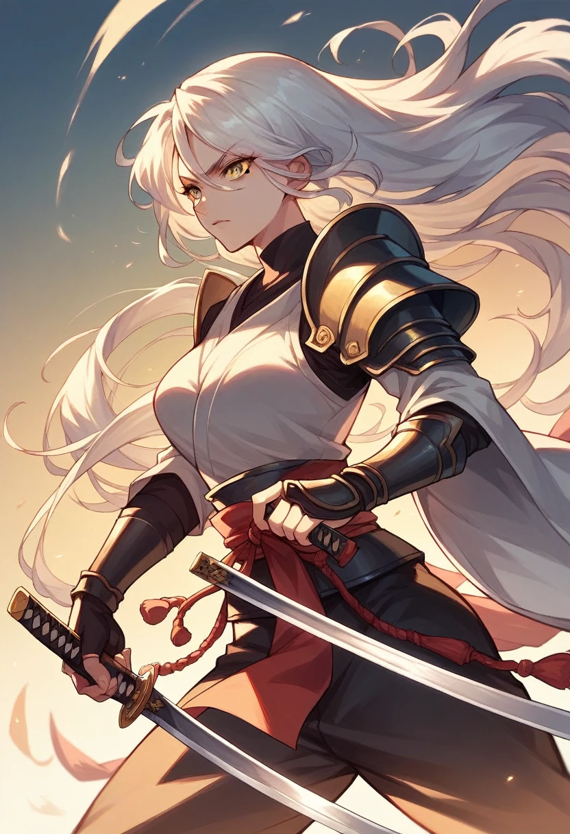 Female samurai in armor,beautiful,The old days,Woman 1,holding a katana sword,best pictures,long white hair,Golden yellow eyes,sexly,Action,