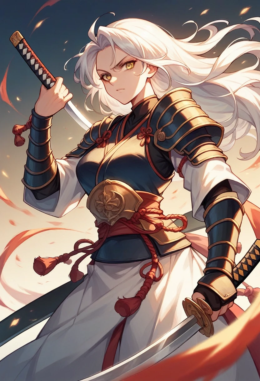Female samurai in armor,beautiful,The old days,Woman 1,holding a katana sword,best pictures,long white hair,Golden yellow eyes,sexly,Action,