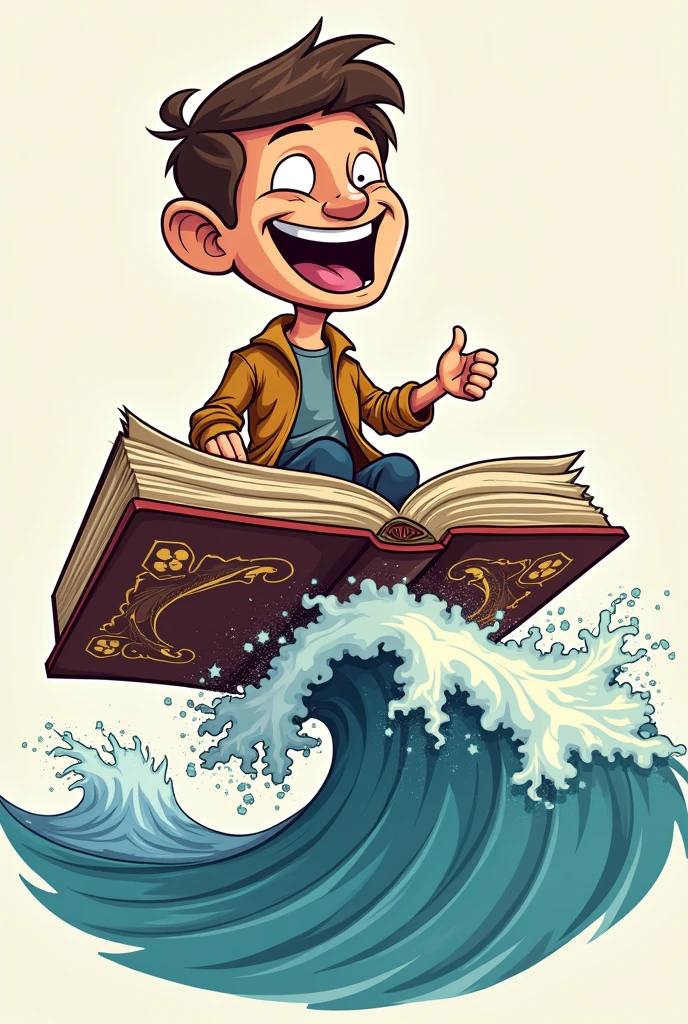 Guy riding a bible on a wave
Make it more cartoon and like a logo