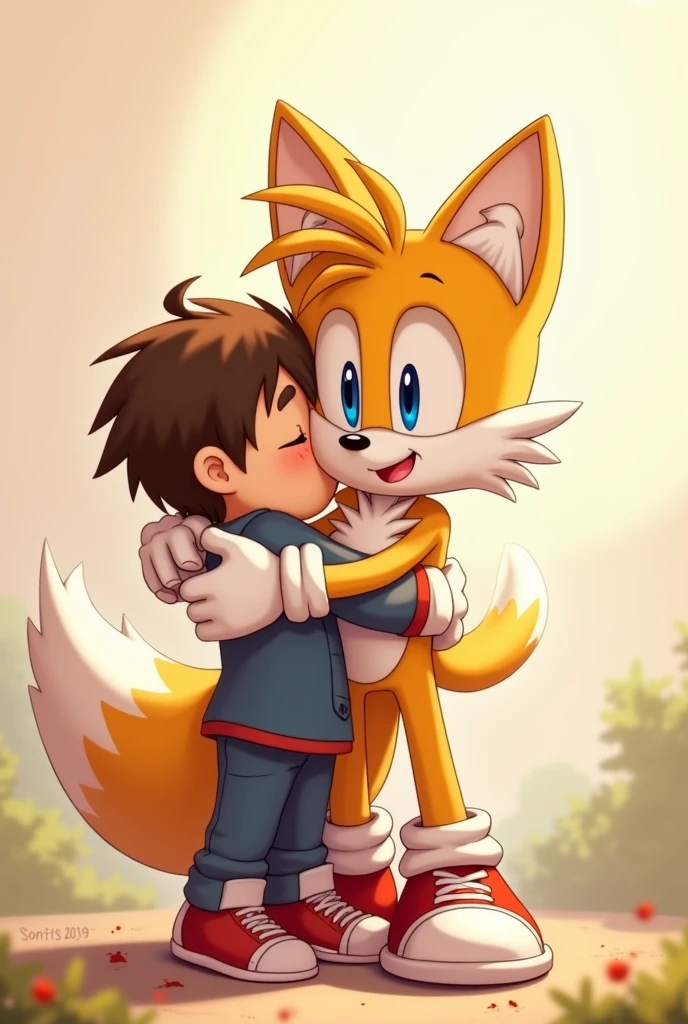 Tails hugging a younger boy with his shoes and gloves on