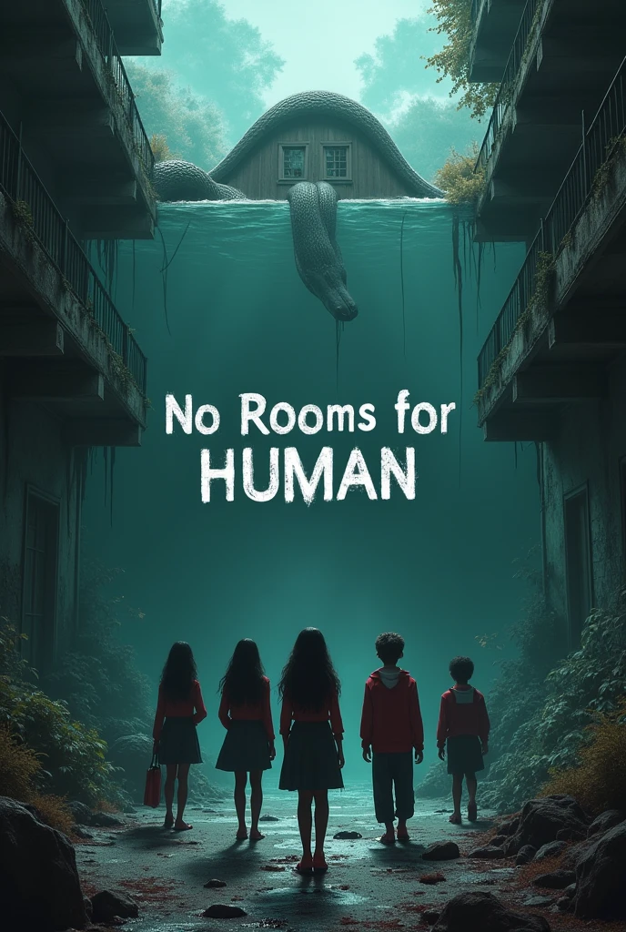 Haunted house between water source, large snake on the upper floor. On front five black teens three girls and two boys wearing track suits school uniforms covered with blood seeking for help. Tittle of the book written "NO ROOMS FOR HUMAN" In the middle of the water source