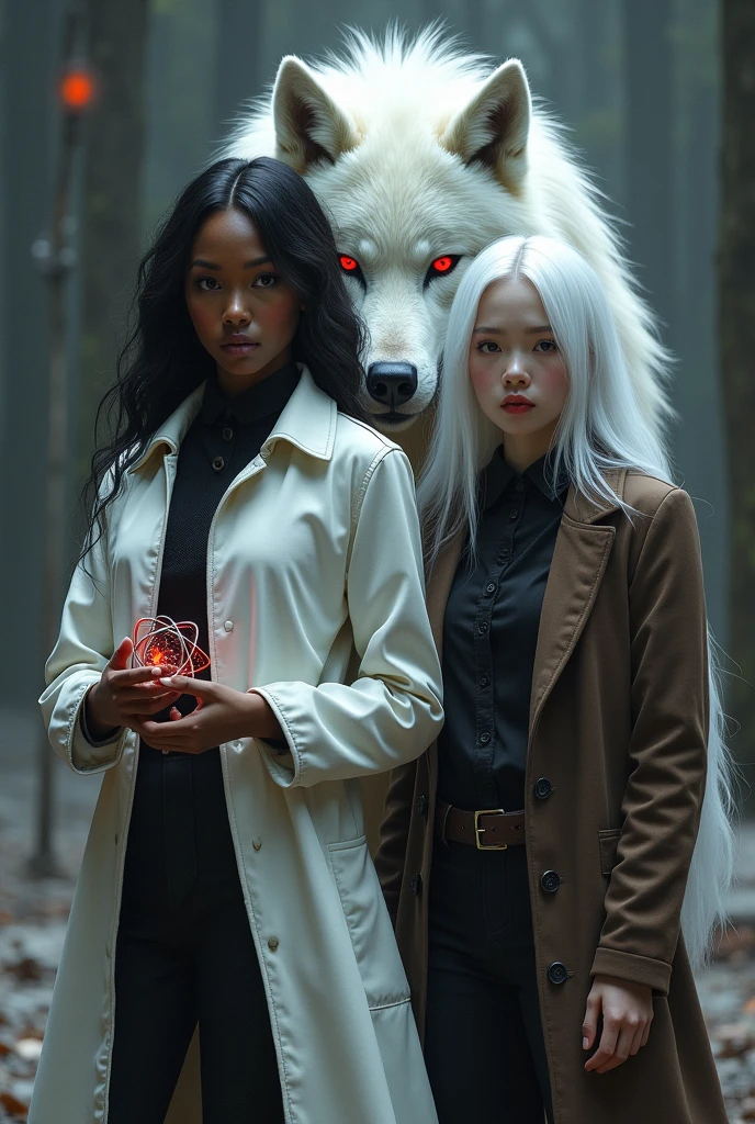 Une fille noire gothique avec une veste blanche et un atome dans la main, avec une fille asiatique à côté d'elle chemise noire cheveux blancs et un long manteau marron, derrière enfant un loup blanc avec un trou noir ( avec un regard agressif et des yeux rouges )