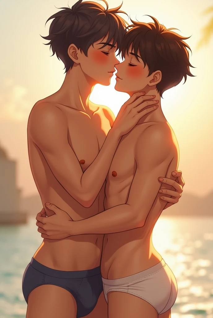 2boys, boys kissing, shirtless, male underwear, rubbing things, closed mouth, closed eyes, s, cute boys, masterpiece, male focus, summer, happy gay boys