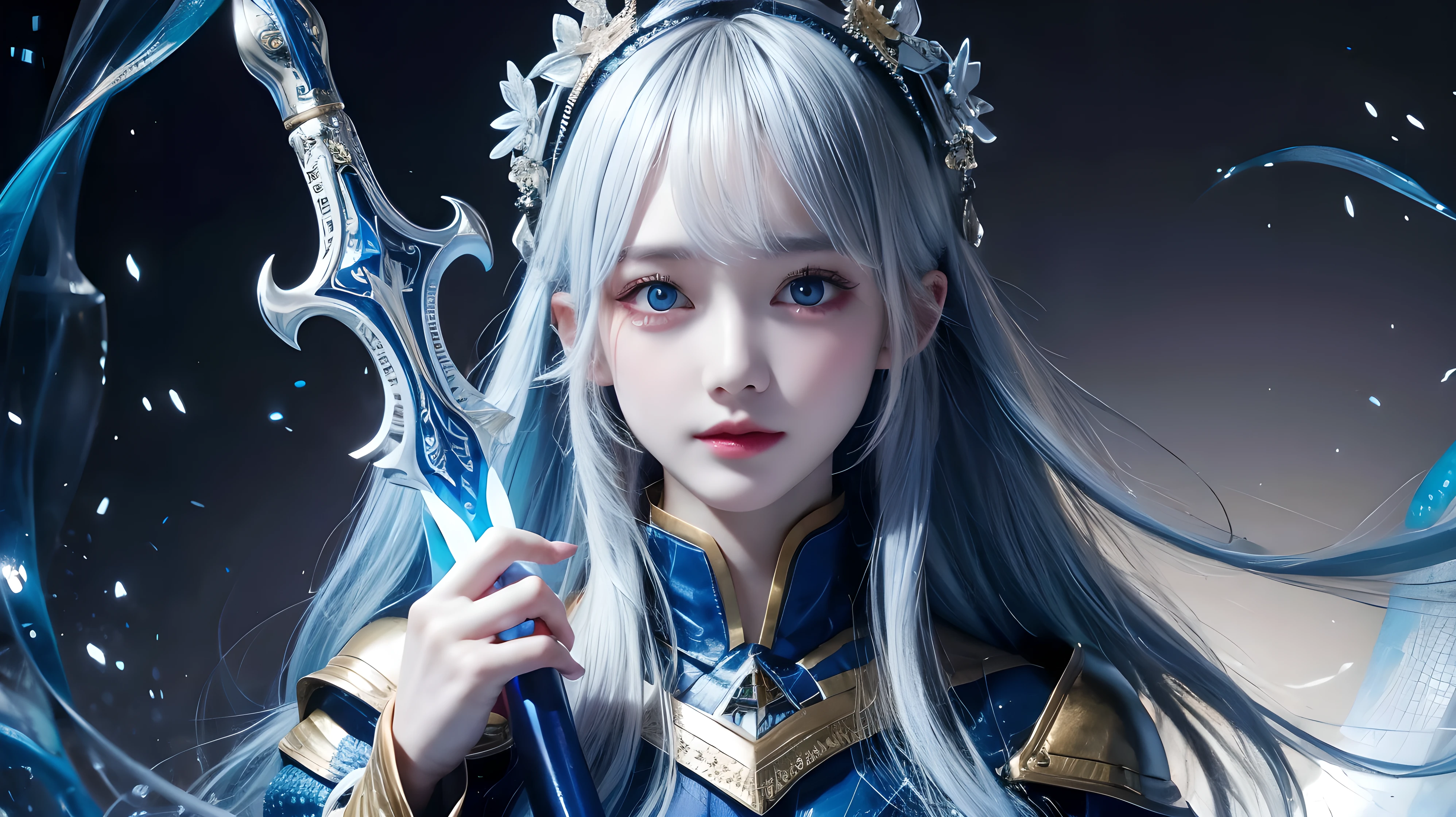 dark cave background、Watery blue eyes that glow in the dark、
((masterpiece))、((top-quality))、beautiful girl with a cold face、Holds up a sword that emits blue light