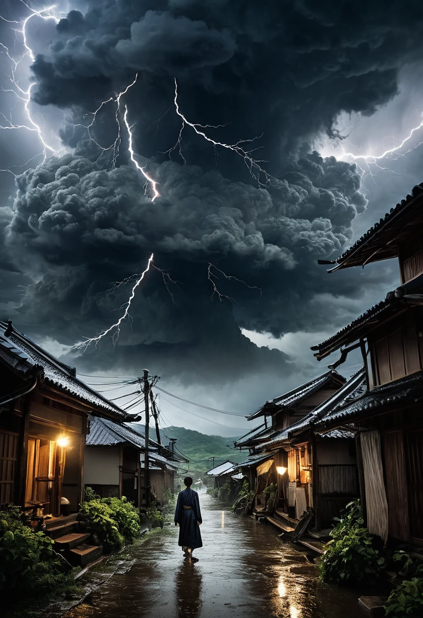 A massive storm threatens Takeru's village, with dark clouds swirling overhead and lightning striking nearby. Takeru hovers above the village, using his powers to control and redirect the storm. The villagers watch in awe from below as he manipulates the thunderclouds, creating a protective barrier around them. The scene is filled with dynamic lighting effects from the storm and a sense of urgency and heroism.