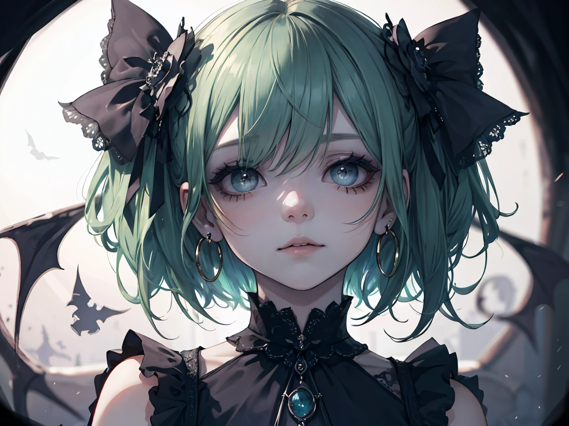 ((masterpiece)), ((best quality)), perfect detailed eyes, perfect detailed face, green hair, short hair, forehead jewel, hollow eyes, hoop earrings, makeup, turn pale, shaded, Baroque, cinematic lighting, high quality, accurate, 8k, Vampire, gothic ****ta style dress, dark blue dress, bats in the background