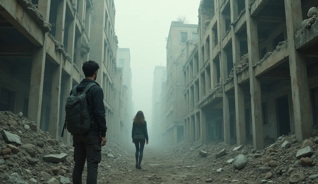 A boy age 38 years name June A girl age 30 years name Julie can't see the figure of both In the background there are broken buildings Many old building٫ Julie walks away and John stands there watching