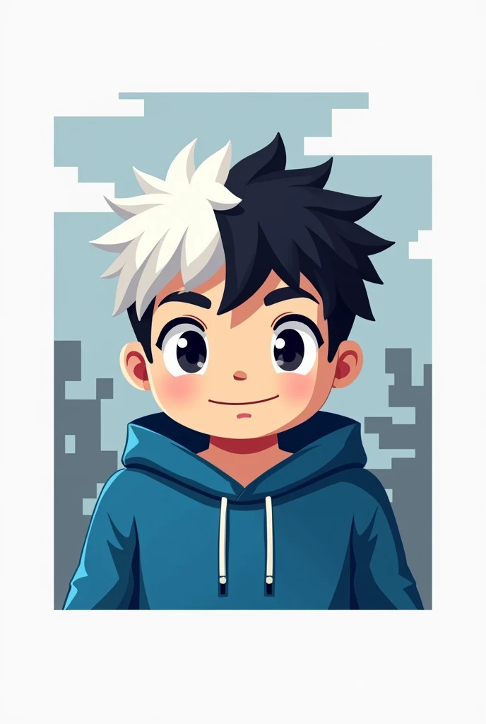 Create a logo of a Minecraft boy with a blue hoodie and white and black hair