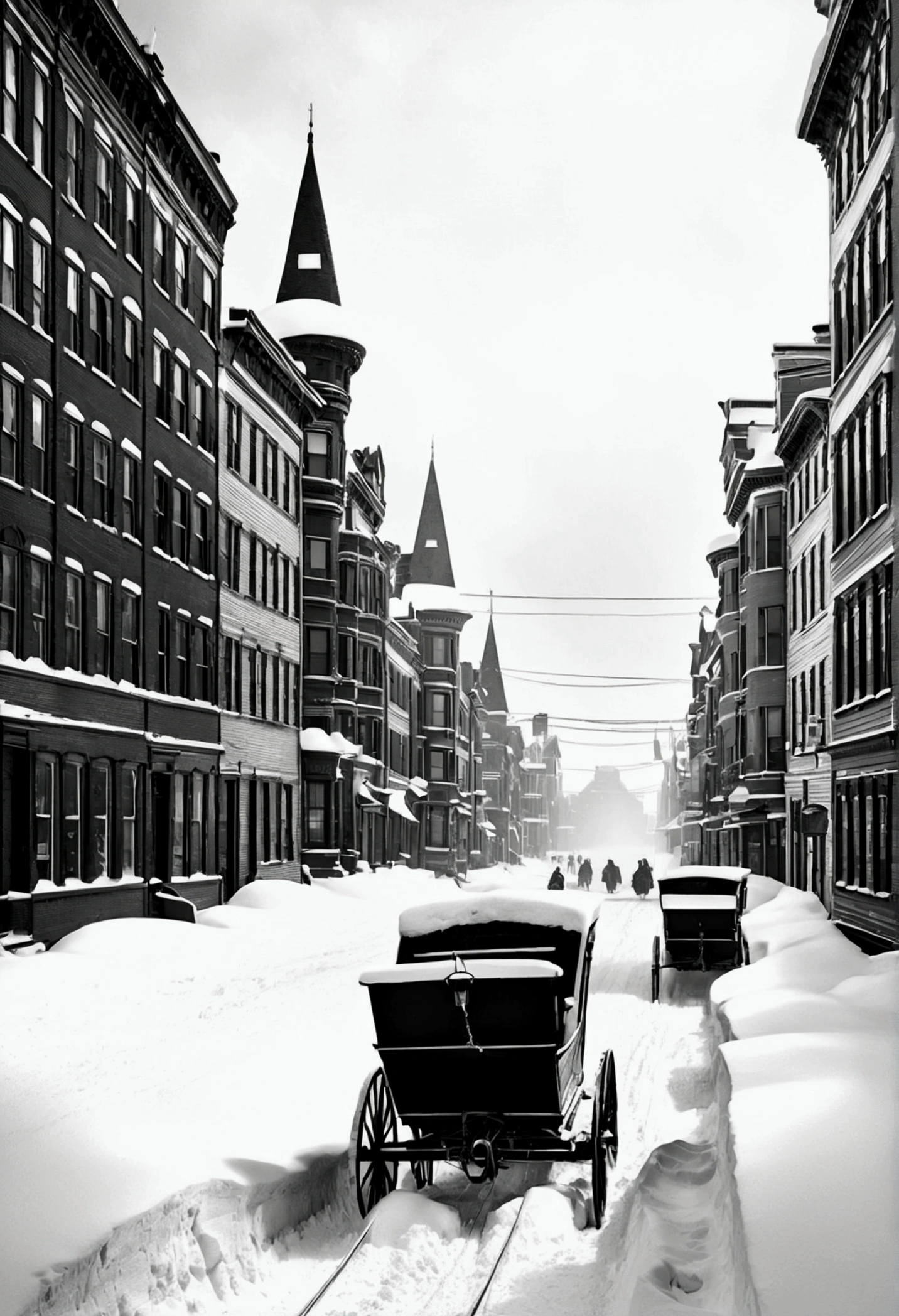 Depict a city street in 1888 covered in deep snowdrifts, with snow banks towering over the buildings. Show empty streets with horse-drawn sleighs partially buried in snow. Black and white style