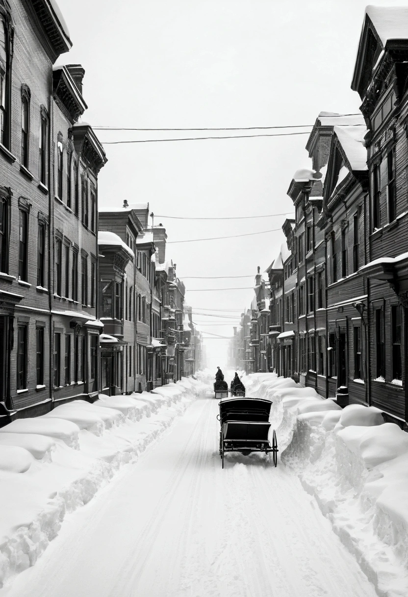 Depict a city street in 1888 covered in deep snowdrifts, with snow banks towering over the buildings. Show empty streets with horse-drawn sleighs partially buried in snow. Black and white style