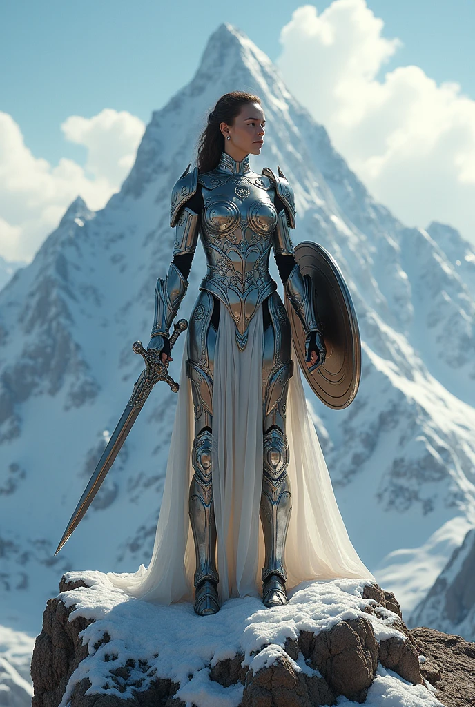 Queen with a metal suit and sword and shield at the top of mpuntain