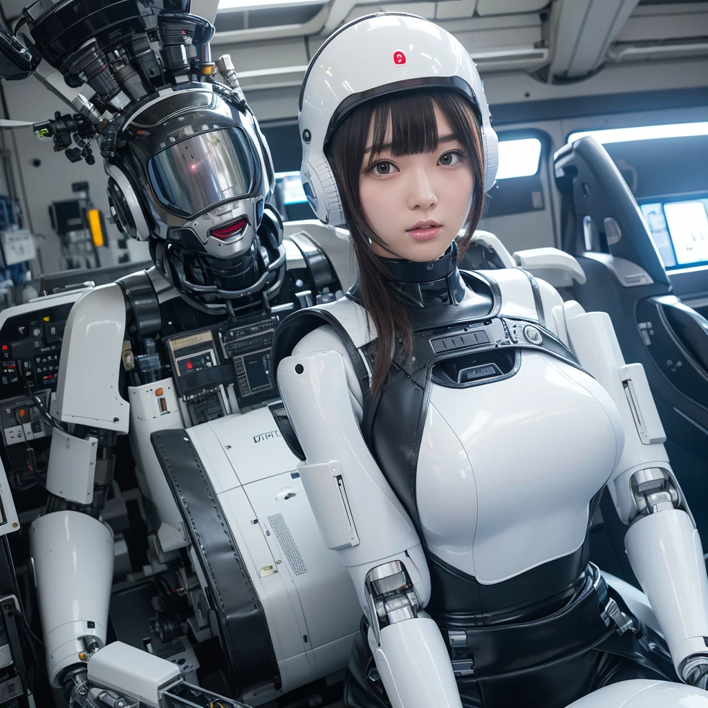 masterpiece, Highest quality, Very detailed,Portraiture, Japanese Android girl,Plump,Slightly thicker,Control panel,robot arms,robot,Android,cyborg,white robot body,Blunt bangs,robot repair plant,Bodysuits,cockpit,Seat belt,Helmet