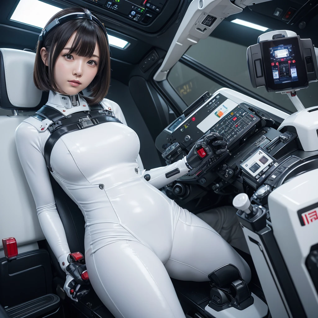 masterpiece, Highest quality, Very detailed,Portraiture, Japanese Android girl,Plump,Slightly thicker,Control panel,robot arms,robot,Android,cyborg,white robot body,Blunt bangs,robot repair plant,Bodysuits,cockpit,Seat belt,Helmet