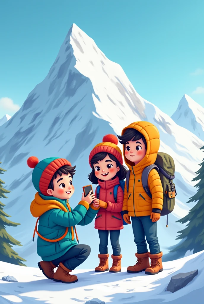 Make a mount Everest with three boys and girl is clicking selfie of them will mount everest ( cartoon)