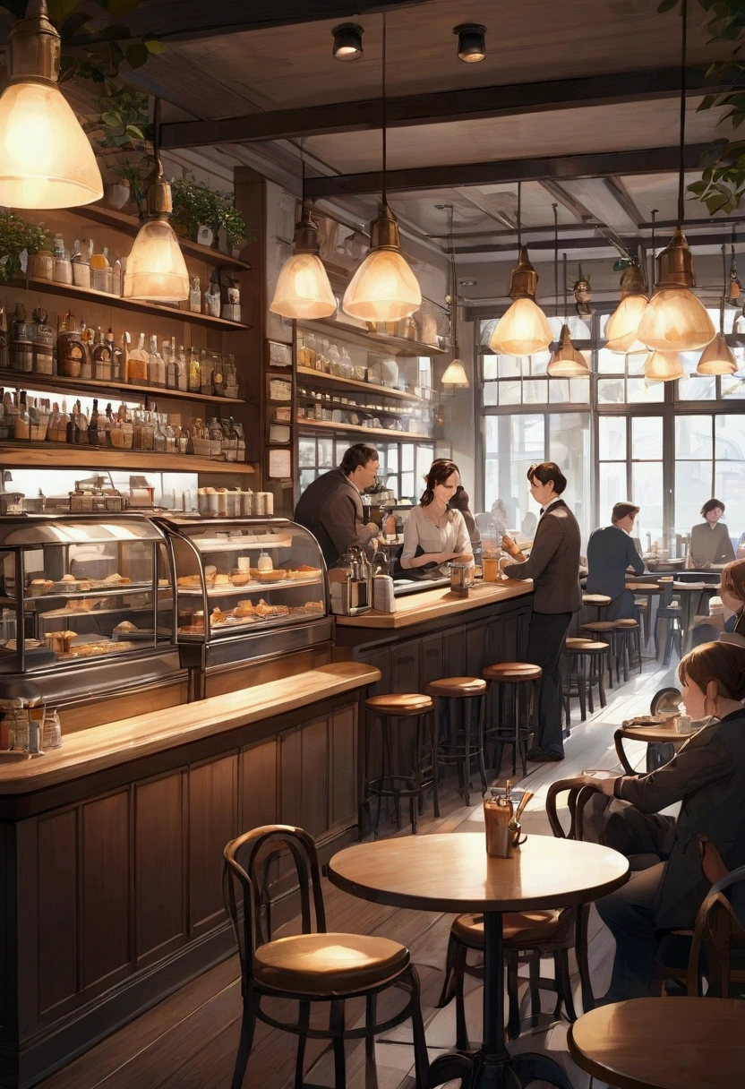 Picture of a cafe. The atmosphere inside the shop with a few employees and people sitting and working or drinking drinks in a quiet atmosphere. 