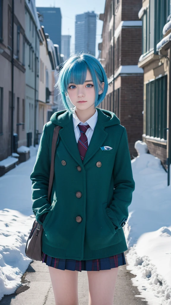 Highest quality,Ultra-high resolution,One person,alone,whole body,snow,city,, Blue Hair,Green Eyes,JK,school uniform,