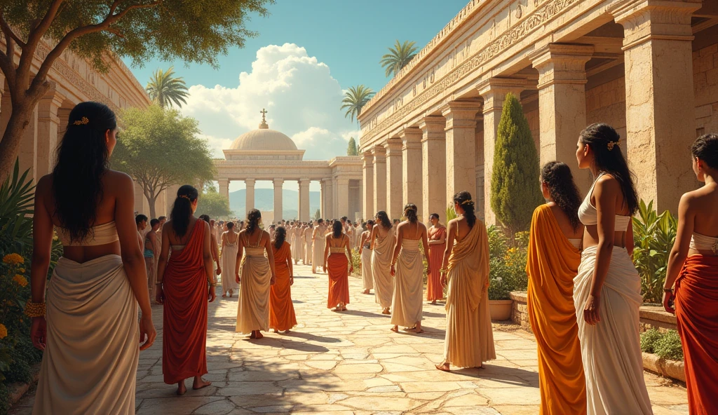 Create a scene depicting (((Minoan society2))) with a focus on the central role of women. (((Show women in social2.5))), religious, and artistic activities, surrounded by symbols of their elevated status, such as altars and decorative artifacts. Highlight the interaction between the genders in a vibrant and welcoming environment.