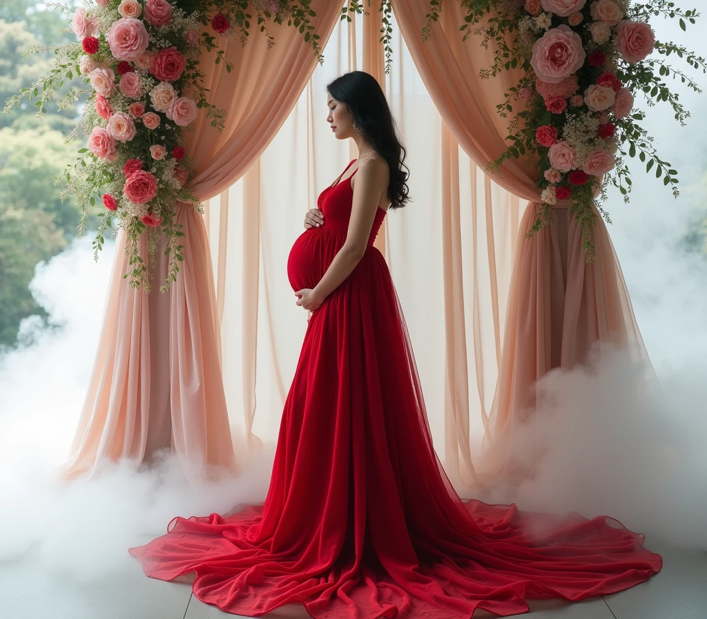 pregnant woman in red gown standing in front of floral with curtain , a picture inspired by Gabriel Ba, tumblr, conceptual art, red gown, maternal photography 4 k, flowing red gown, draped in velvet and flowers, stunning elegant pose, long luxurious gown, modest flowing gown, !!beautiful!!, long luxurious flowing gown, in front of white back drop, amazing professional picture, add some smoke and cloud in ground , red dress