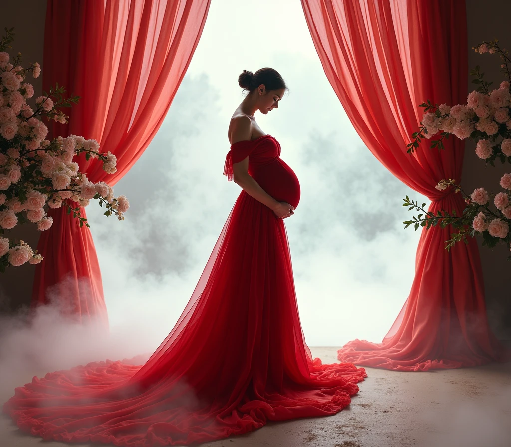pregnant woman in red gown standing in front of floral with curtain , a picture inspired by Gabriel Ba, tumblr, conceptual art, red gown, maternal photography 4 k, flowing red gown, draped in velvet and flowers, stunning elegant pose, long luxurious gown, modest flowing gown, !!beautiful!!, long luxurious flowing gown, in front of white back drop, amazing professional picture, add some smoke and cloud in ground , red dress