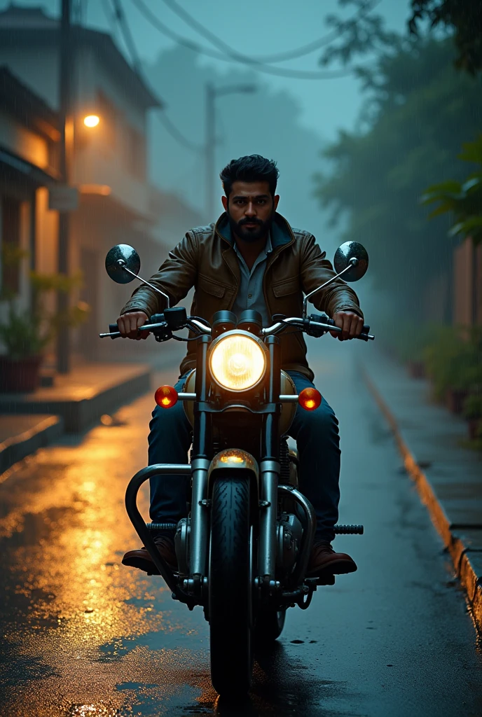 30 years Indian young man is going back to his house on the royal Enfield bullet, his house and his back side shoul be displayed. He has thin light beard and had good hair style. This is at the night and raining. He wears helmet and wear jacket