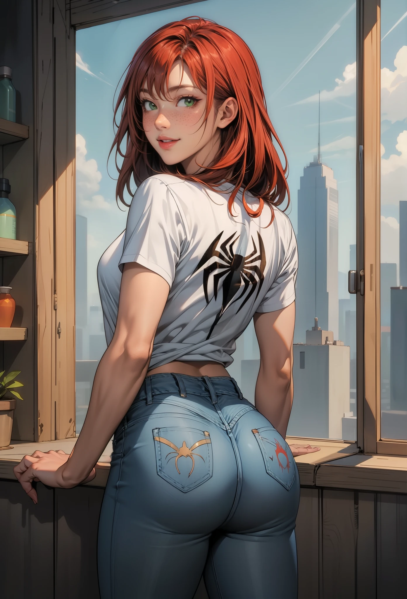 perfect eyes:1.2, detailed eyes:1.4, smile, MJW, long hair, freckles, green eyes, red hair, white shirt with spiderman logo, spiderman logo, short sleeves, jeans pants, cowboy shot, 1girl, solo, (masterpiece:1.6, best quality), 8k, insane details, intricate details, hyperdetailed, hyper quality, high detail, ultra detailed, professional, HDR, ray tracing reflection, cinematic lighting,