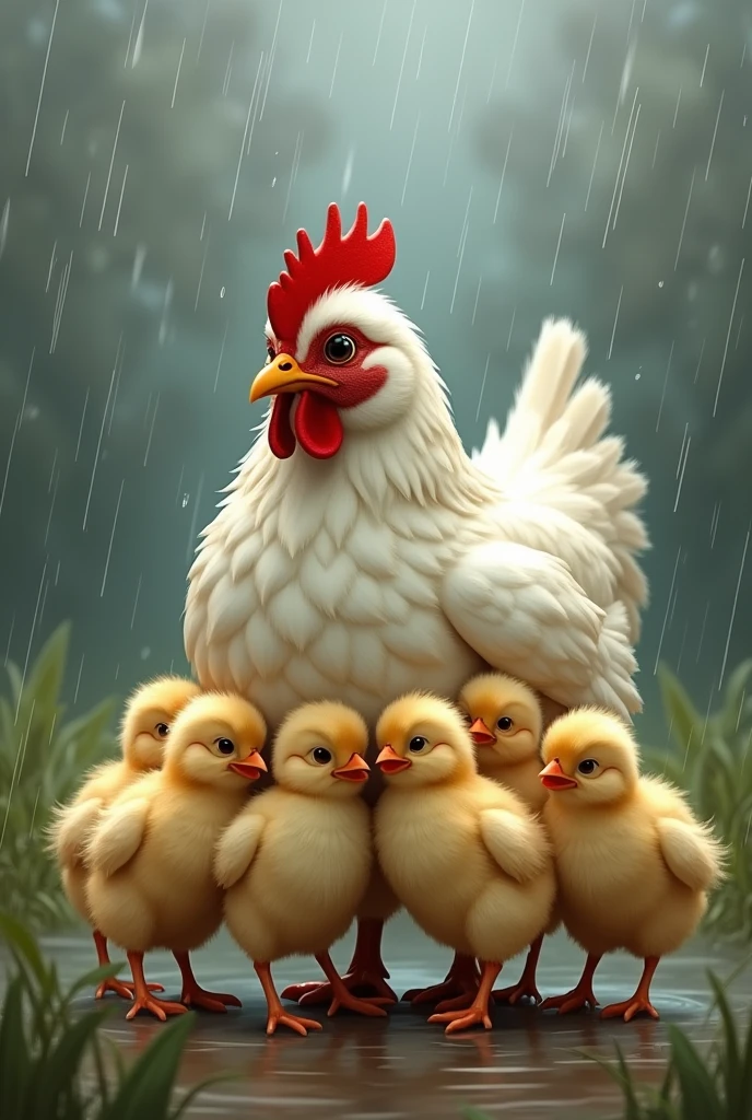 A hen with his 6 children in rain