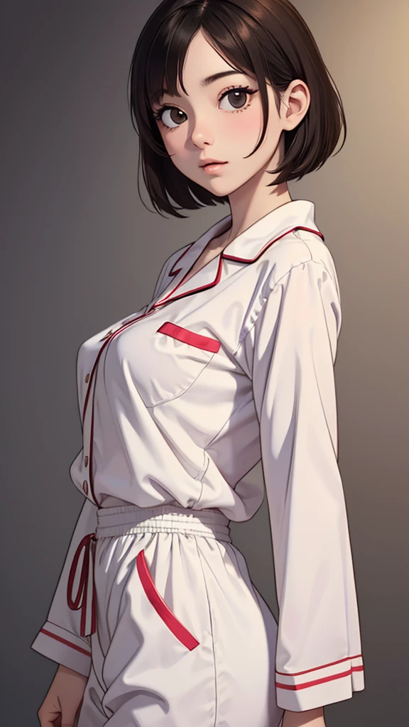(((masterpiece, best quality, ultra highres, 1 girl, solo, no background))), super detailed skin and face and eyes and finger, beautiful japanese woman, small breasts:1.5, skinny, light brown hair, very short hair,pixie haircut, cowboy shot, white background, 2D anime, boyish, expressionless, Various clothes, Various poses, Please draw the entire character within the frame, ensuring that the head, arms and legs are not cut off, with the character positioned centrally, nipple dots, pajamas,