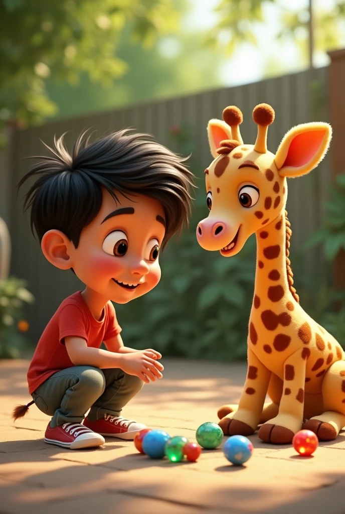 Latino boy playing marbles with his Pixar style plush giraffe