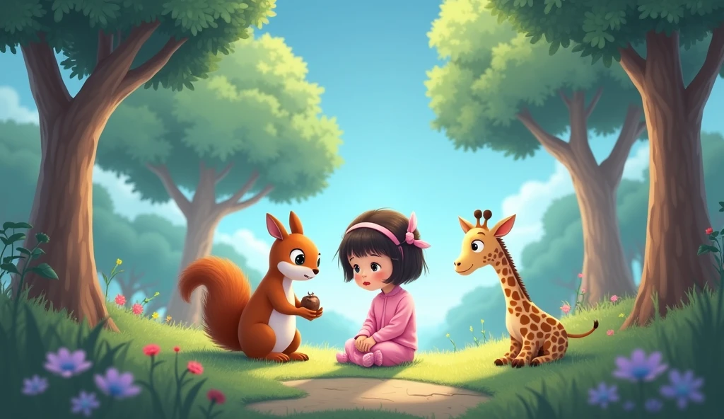 Sad squirrel with nut sits with little cartoon girl in pink pajamas and giraffe
