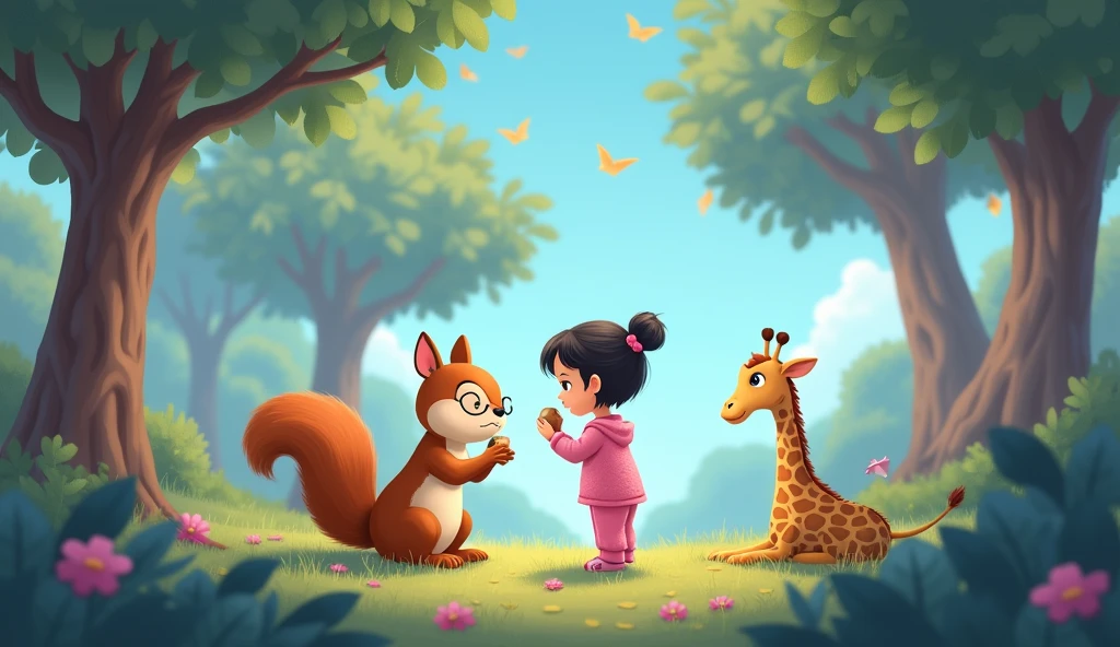 Sad squirrel with nut sits with little cartoon girl in pink pajamas and giraffe