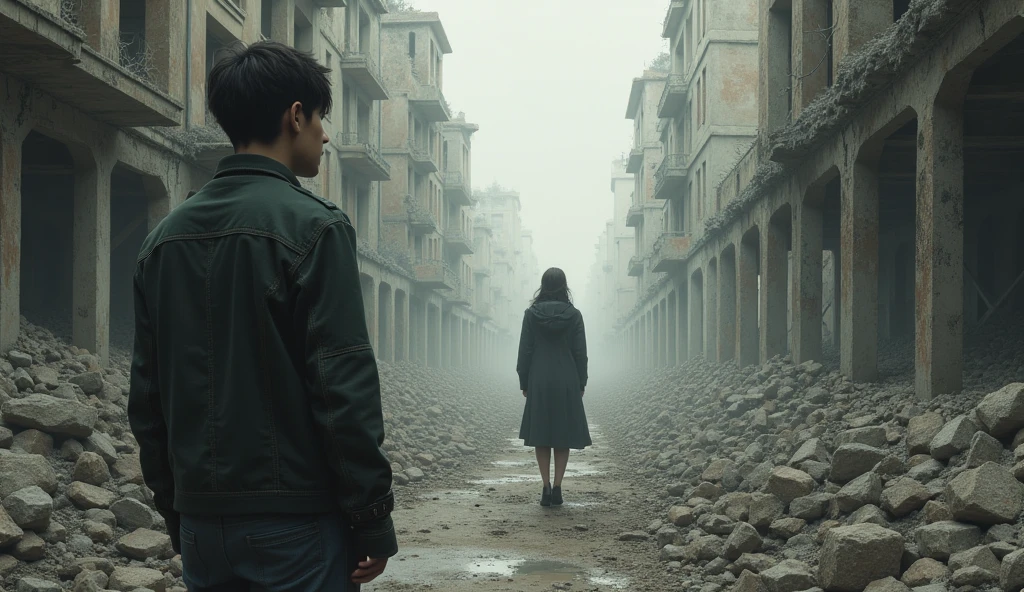 A boy age 38 years name June A girl age 30 years name Julie can't see the figure of both In the background there are broken buildings Many old building٫ Julie walks away and John stands there watching
