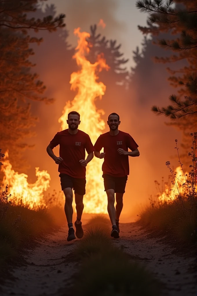 Two guys running in burning forest