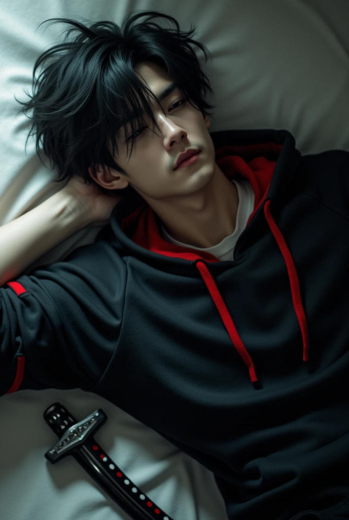 AN unconscious male character with black hair tossed to one side, a black sweatshirt with red details and a katana 
