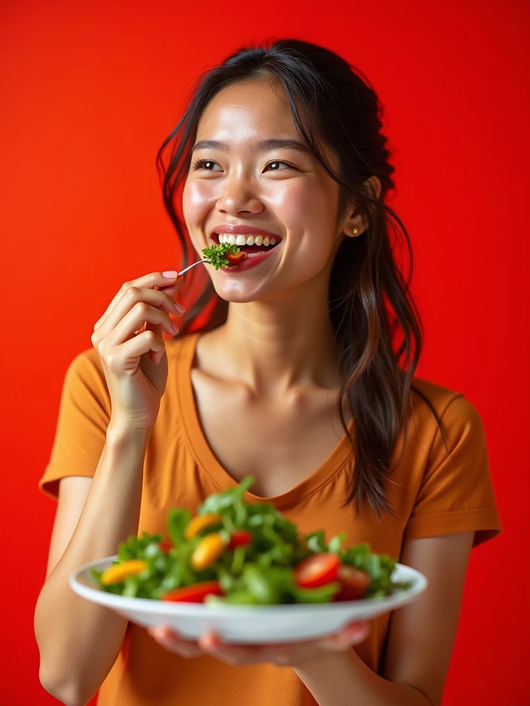 girl+salad+red background+smile  -upscale