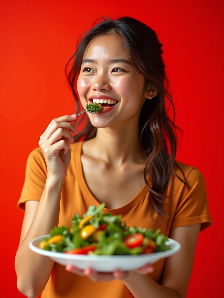 girl+salad+red background+smile  -upscale