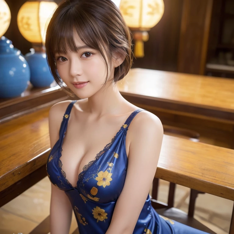 (8K、RAW photo、highest quality、masterpiece:1.5)、(realistic、Photoreal:1.37)、super detailed、超A high resolution、1 girl、see the beholder、beautiful and detailed face、laughter、narrow、(slim waist) :1.3)、shortcut、Beautiful and smooth skin、skin texture、floating hair、professional lighting、Chinese Teahouse Background、human body as a whole、Brown Short Bob、(on top of the cheongsam,golden floral pattern on blue)、(big breast:1.5)、
