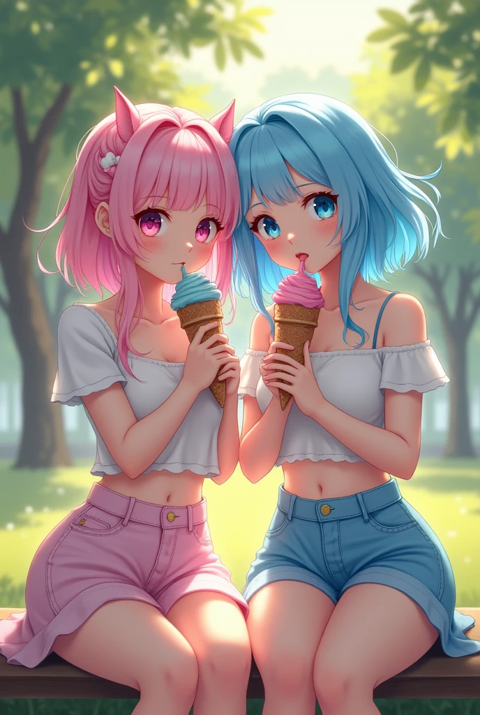 Create two girls having ice cream, one with pink hair and one with blue hair and one with pink eyes and one with blue eyes, white skin, big tits in a miniskirt and croptop with big thighs and a little short sitting in the park