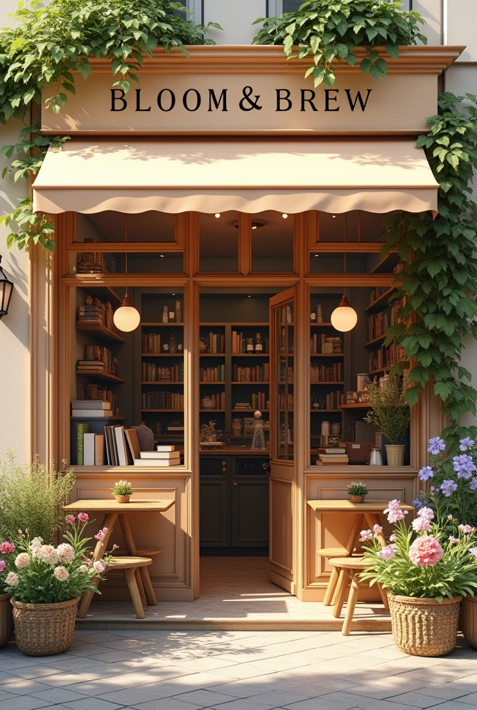 (photorealism:1.2), exterior, modern, beige, morning, café shop, flower shop, book shop, soft lighting, flowers in sides, cozy room, realistic, intricate details, shop name Bloom & Brew Bibliotheca