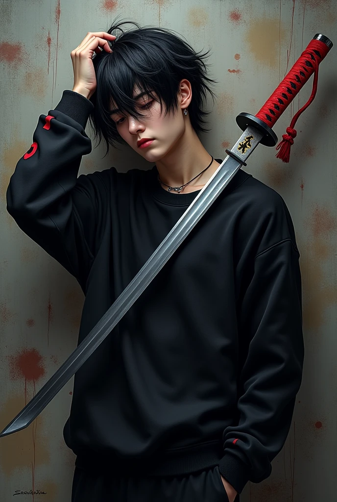 AN unconscious male character and holiday black hair thrown to one side black sweatshirt with red details and a katana