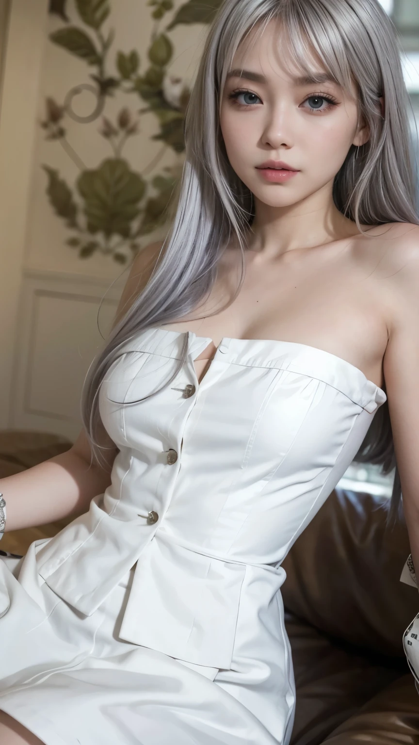 Photorealistic, high resolution, 1womanl, Solo, Hips up, view the viewer, (Detailed face), White hair, Long hair, army suit,short  skirt，Tattooed with，Tattooed with，arma，arma， jewelry