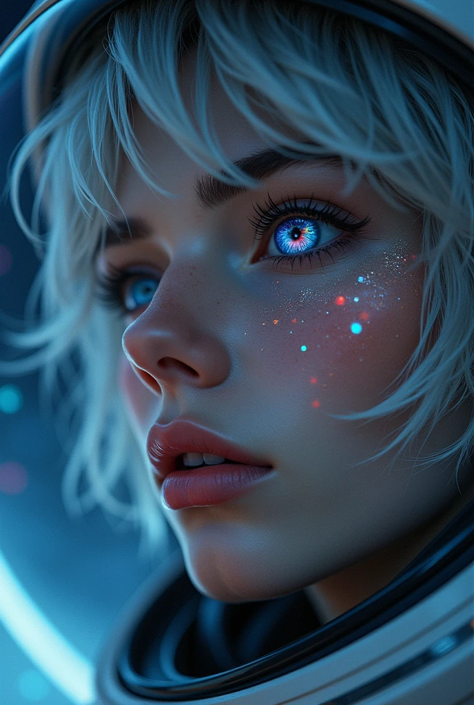 (Close-up of a better masterpiece:1.5)0.9], (Space and astronauts:1.2) (Messy silver hair:1.1) (Heterochromia xanthochromia and blue eyes:1.2) (Space Helmet:1.0) (Colored stars in the eyes:1.0) (A radiant glow:1.1) (thick lips:0.9)