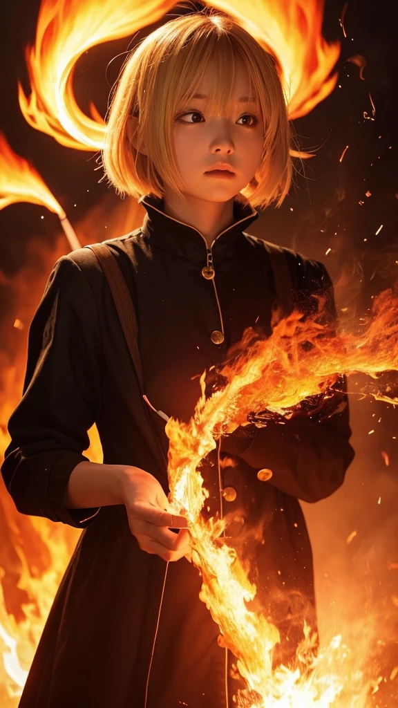 One person, bangs, breathing fire, combustion, Burnt clothes, 残りfire, Ahoge, Beige Hair, Multicolored Hair, fire, inflammation, inflammationの剣, (Put your hand on the handle), Are standing, Long Hair,  Pyrokinesis, Expressionless, cigarette, flower(symbol),  alone, fireflower, sunset, Twilight, white flower, lava, Yuri (flower),  fiery flower, Depth of written boundary, combustion ,