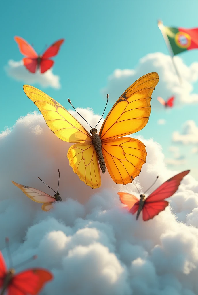 A 3d render of a colorful yellow butterflies.   I want in the center of the image a butterfly with yellow on a cloud covered with the flags of Portugal and on the cloud only the first name "Sonny" on the left and not in the cloud I want the first name on the left "lya" on the right first name “Julian” and at the bottom the first name “Fanny”. I want everything to be realistic, I want a realistic 2d 3d effect a touch of surrealism in a background.