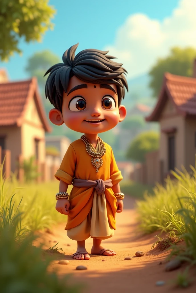 in cinematic 3d cartoon movie explanations '
**Title: मोहन की अच्छाई**
**Description:** A picturesque village scene featuring a young, hardworking boy named मोहन in traditional attire, working diligently in a field. In the background, there is a glimpse of a small, simple village with modest houses. The focus is on मोहन discovering a beautiful, sparkling piece of jewelry in the field. The jewelry is prominently displayed, reflecting its beauty. In another part of the scene, मोहन is seen presenting the jewelry to the village chief, who looks impressed. Finally, depict मोहन using the money received from the chief to repair a village school and helping impoverished villagers. The overall atmosphere should be warm and filled with a sense of community and goodwill'