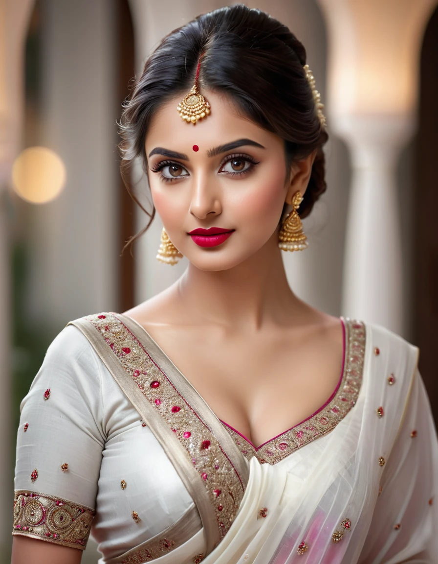 perfect pink eyes, fantastic face, Indian, beautiful look, ((red lips, bright eyes, curve heir 1.5)), not sagging breast), A glorious gorgeous, glorious gorgeous face, pretty face, bright eyes, white saree, updo elegant hair, blurred gray tones background, ultra focus, face illumined, face detailed, 8k resolution, ultra realistic, ((Full Open )), full body, sexy open thin belly, night ambience. so realistic face. (((((Whole body naked.)))))