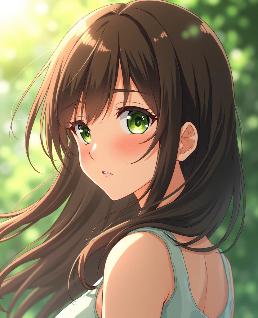 Tsukino Azusagawa, Brown_hair, length_hair, green_eye, One person, alone, 前hair, hair_between_eye, Day, Outdoor, Highest_quality, High resolution, very_detailed, anime perfect detailed style, 8k, masterpiece, Anime art style, Anime Coloring,