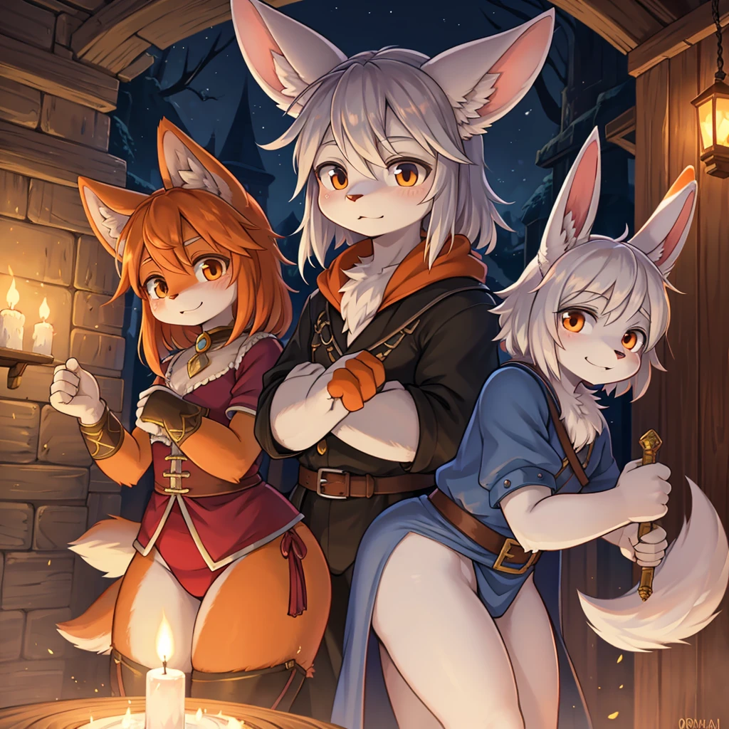 Adventure fantasy, the magician old silver wolf , with the droopy-eared swordsman orange rabbit girl